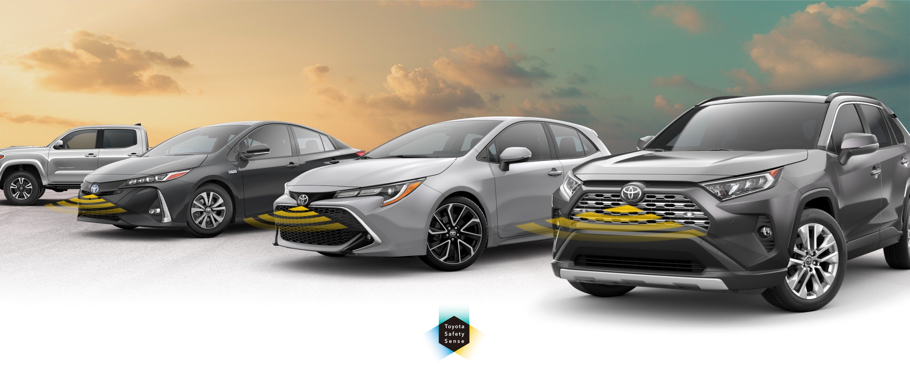 Toyota Safety Sense: Designed for Safety. Options shown on Toyota models including RAV4, Tacoma, and Camry, available now at Bommarito Toyota in Hazelwood MO.