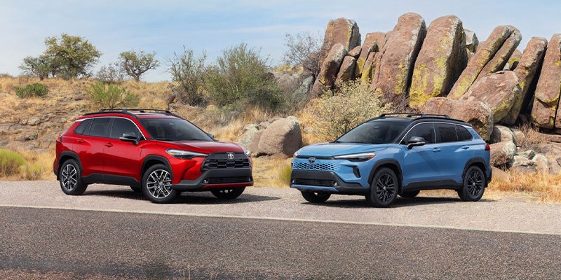 Two SUVs, one red and one blue, are parked side by side on a paved road in a desert landscape