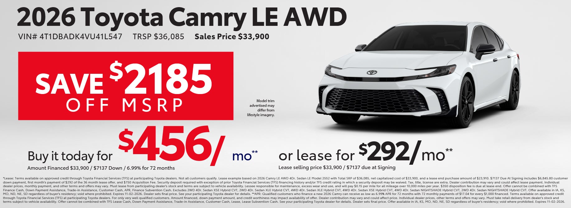 Lease a new Camry from $292/mo