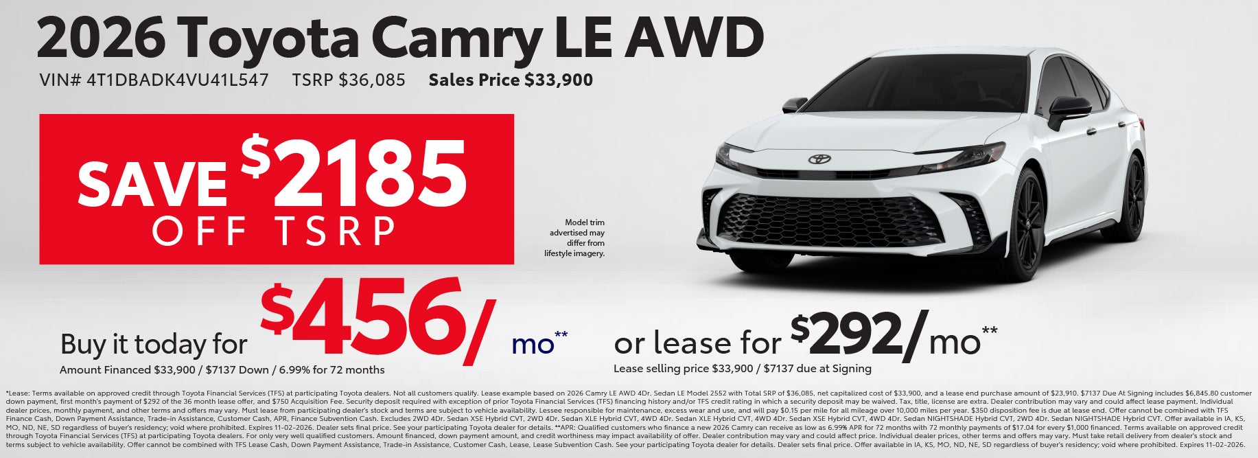 Lease a new Camry from $292/mo