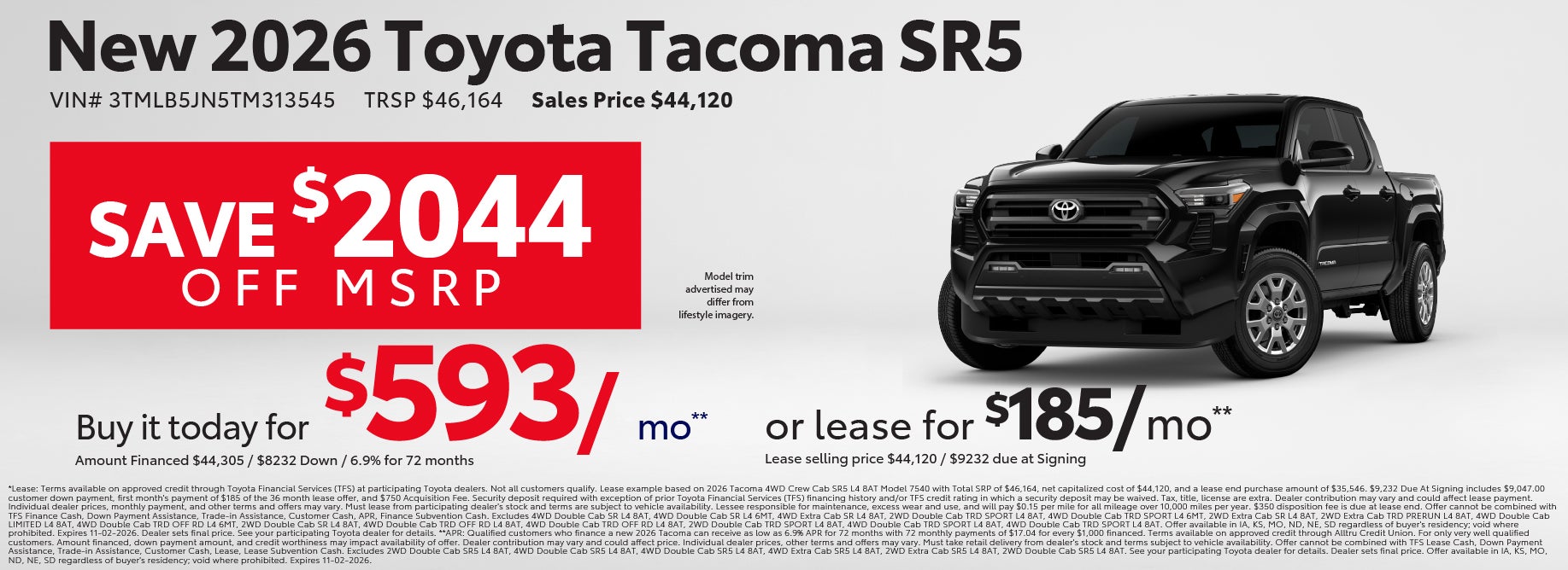 Lease a new Taoma from $185/mo